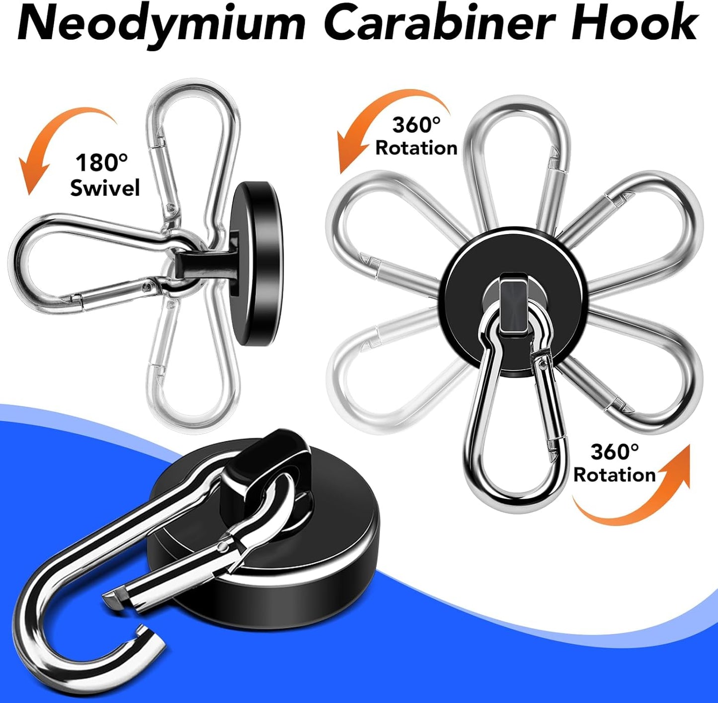 LOVIMAG Strong Magnetic Hooks, 70LBS Magnetic Hooks Heavy Duty Strong Neodymium Magnets with Carabiner Hook, Magnet Hooks with Swivel for Kitchen, Hanging, Cruise, Grill, Refrigerator - 12 Pack Black