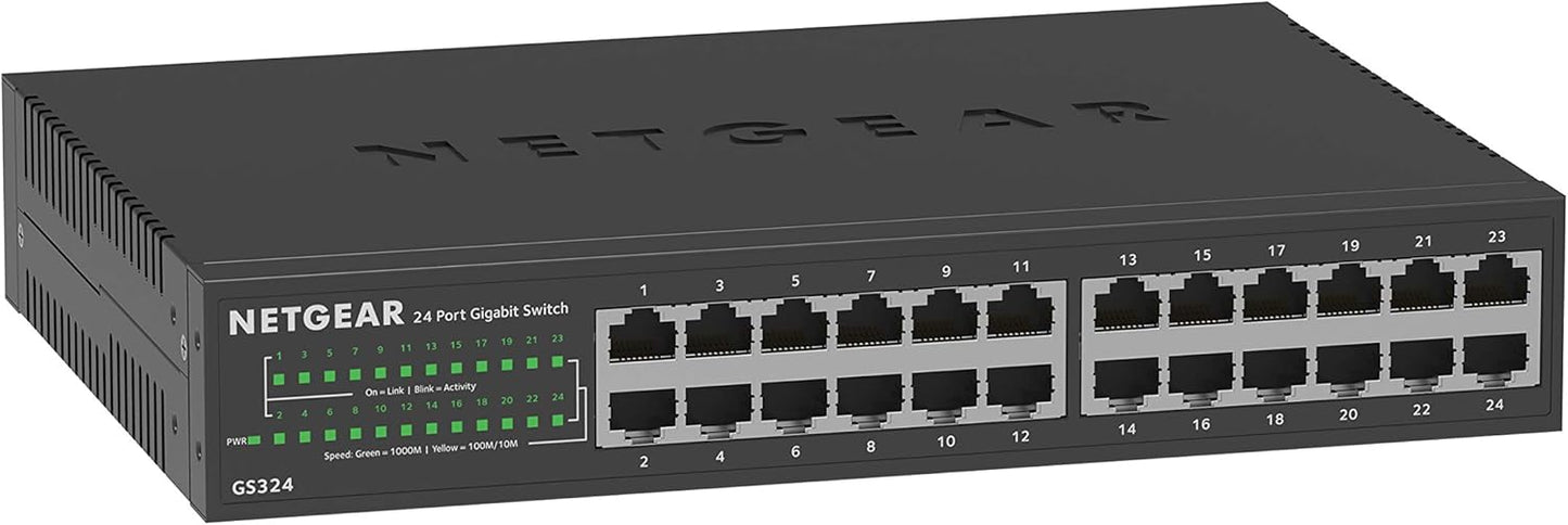 NETGEAR 24-Port Gigabit Ethernet Unmanaged Essentials Switch (GS324) - Desktop, Wall, or Rackmount, Silent Operation
