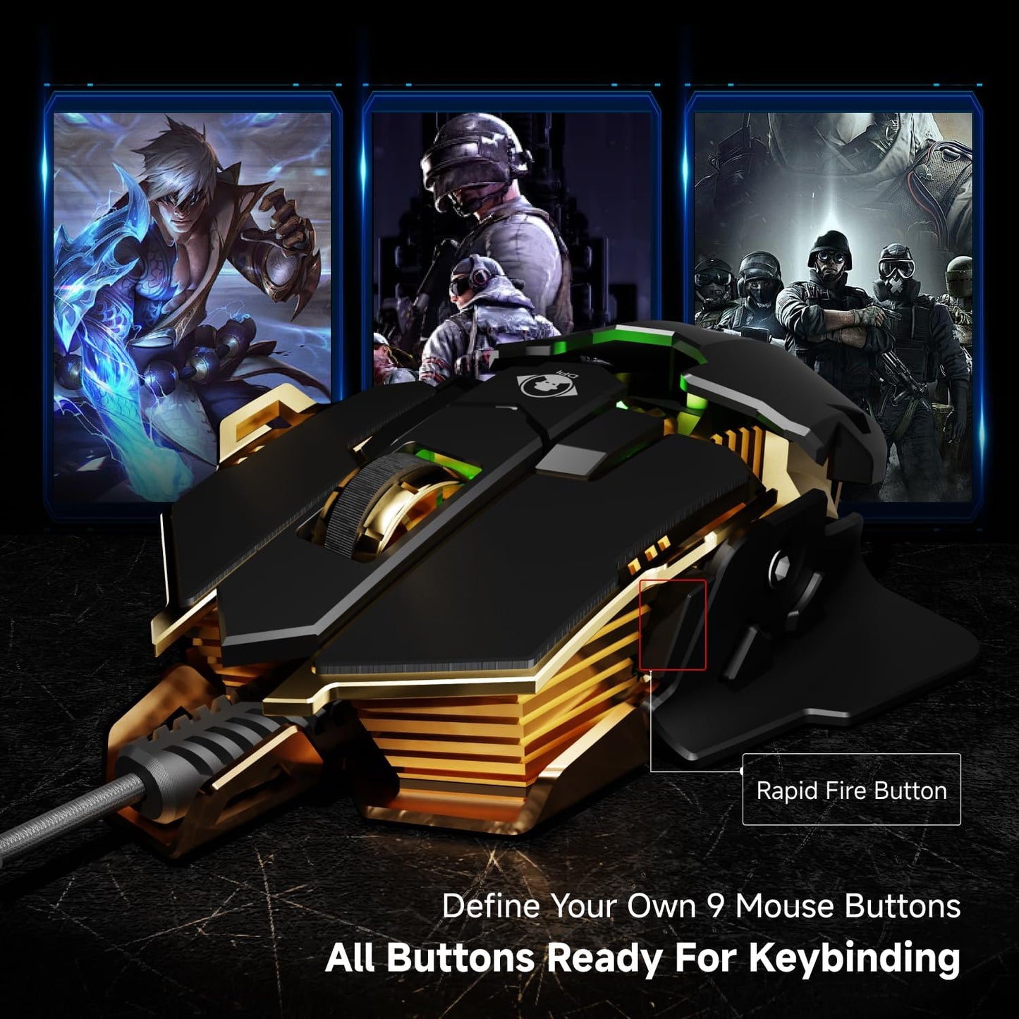 EWEADN G5 Wired Gaming Mouse, Ergonomic RGB Computer Mouse, 12800 Adjustable DPI, 9 Programmable Macro Buttons with Rapid Fire Key Compatible for PC/Laptop/Windows- Black&Gold