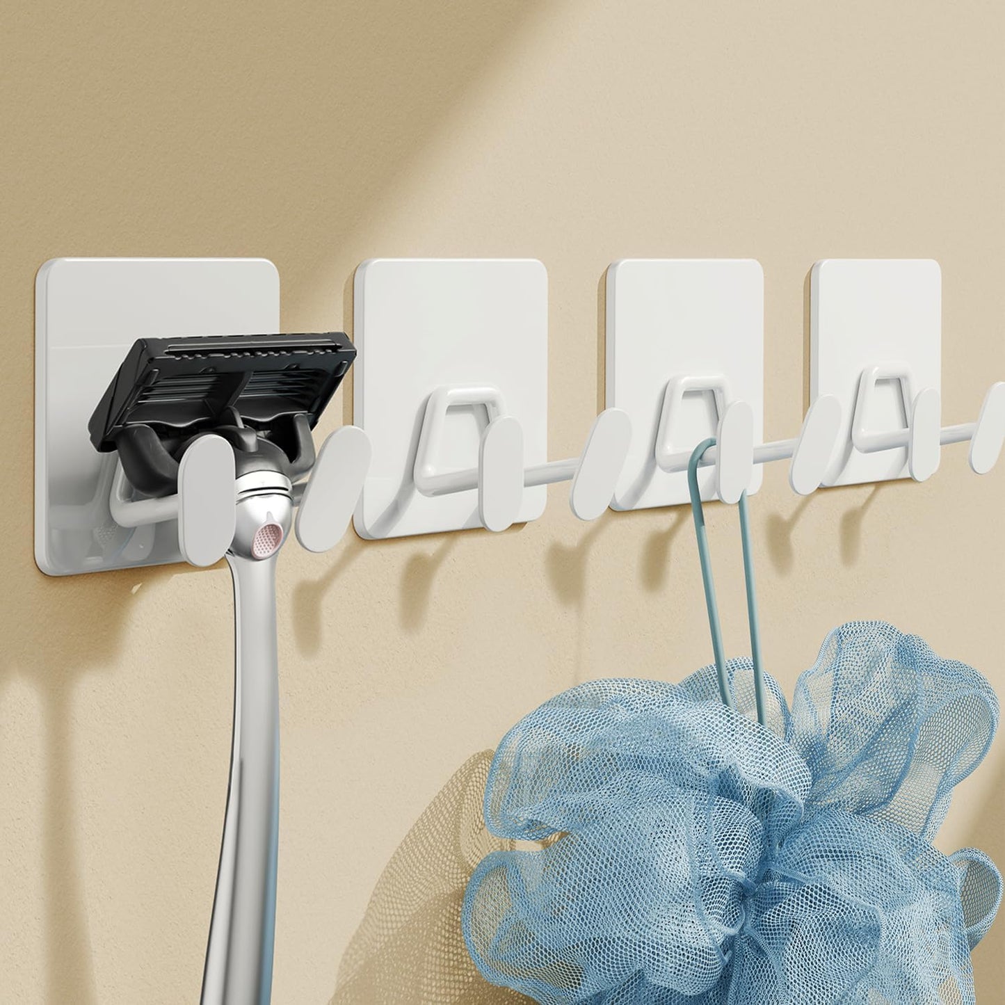Adhesive Shower Hooks for Inside - Extra Sticky Stainless, Razor Holder Shower Accessories, Wall Mounted Self-Adhesive Double Hooks for Razor, Loofah, Towel, Shaver, Coat, Key, White, 4 Pack