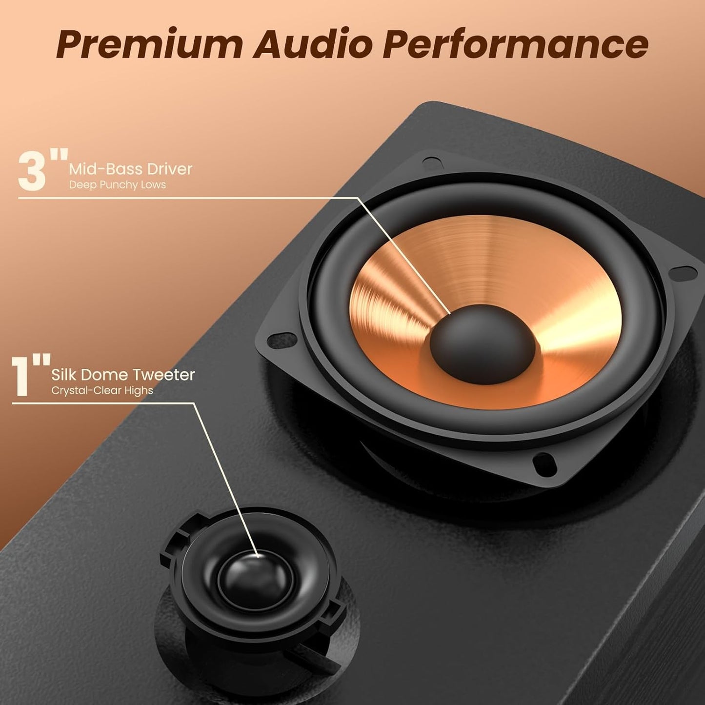 BESTISAN Active Bookshelf Speakers, 50W BT Home Speakers, 3’’ Woofer, 1’’ Silk Dome Tweeter PC Speakers, RCA Speakers for Desktop/Turntable/TV, Bass & Treble Adjustable, Headphone Port for Gaming