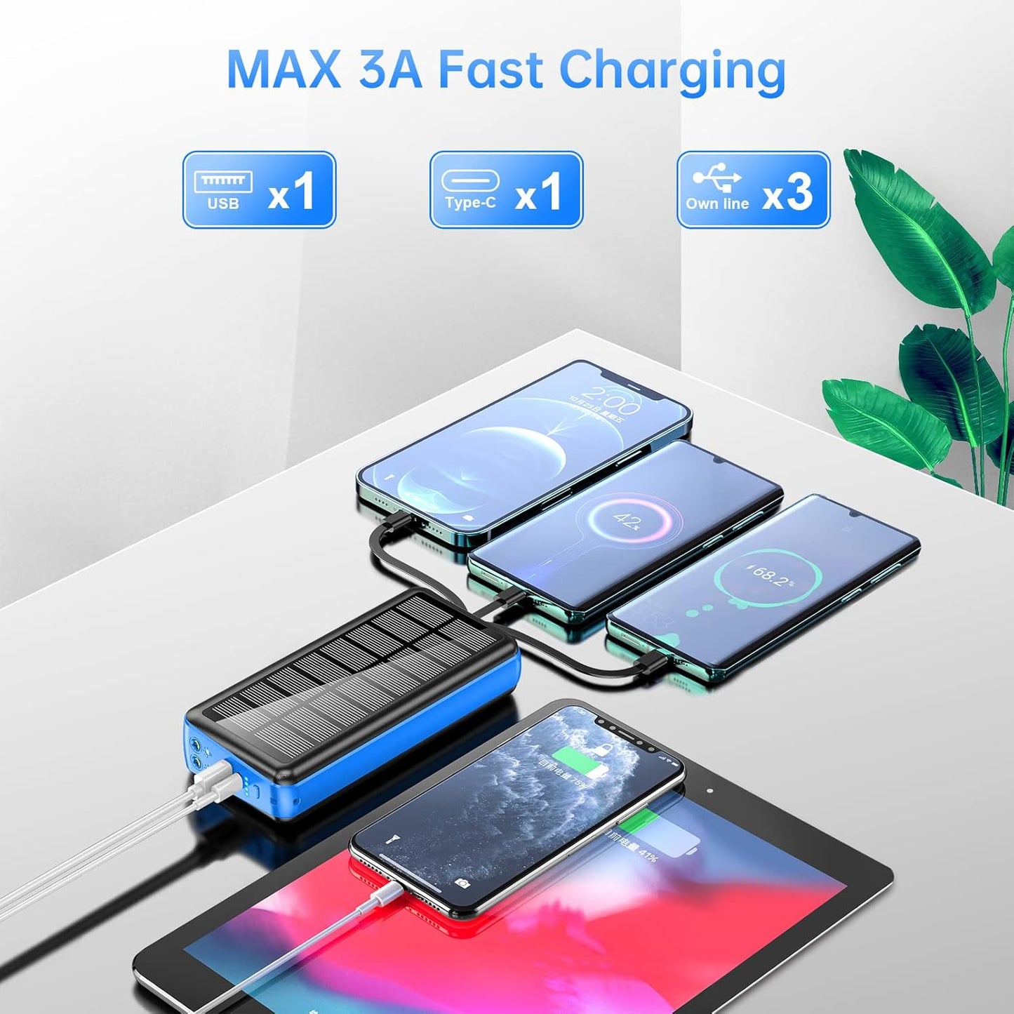 Portable Charger with Built in Cable and Wall Plug 50000mAh PD30W Fast Charging Solar Power Bank with 5 Output & 2 Input Dual LED Flashlights Phone Holder External Battery Pack (Blue)