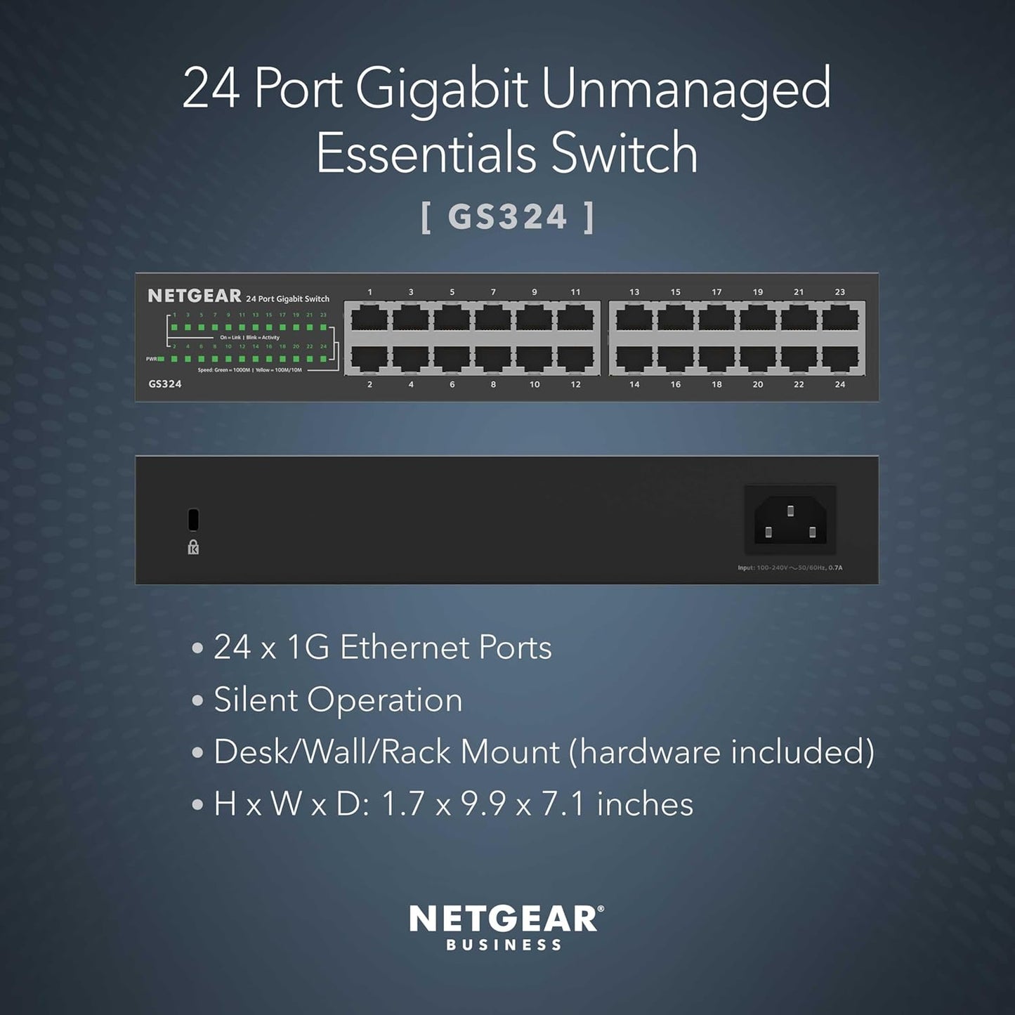 NETGEAR 24-Port Gigabit Ethernet Unmanaged Essentials Switch (GS324) - Desktop, Wall, or Rackmount, Silent Operation