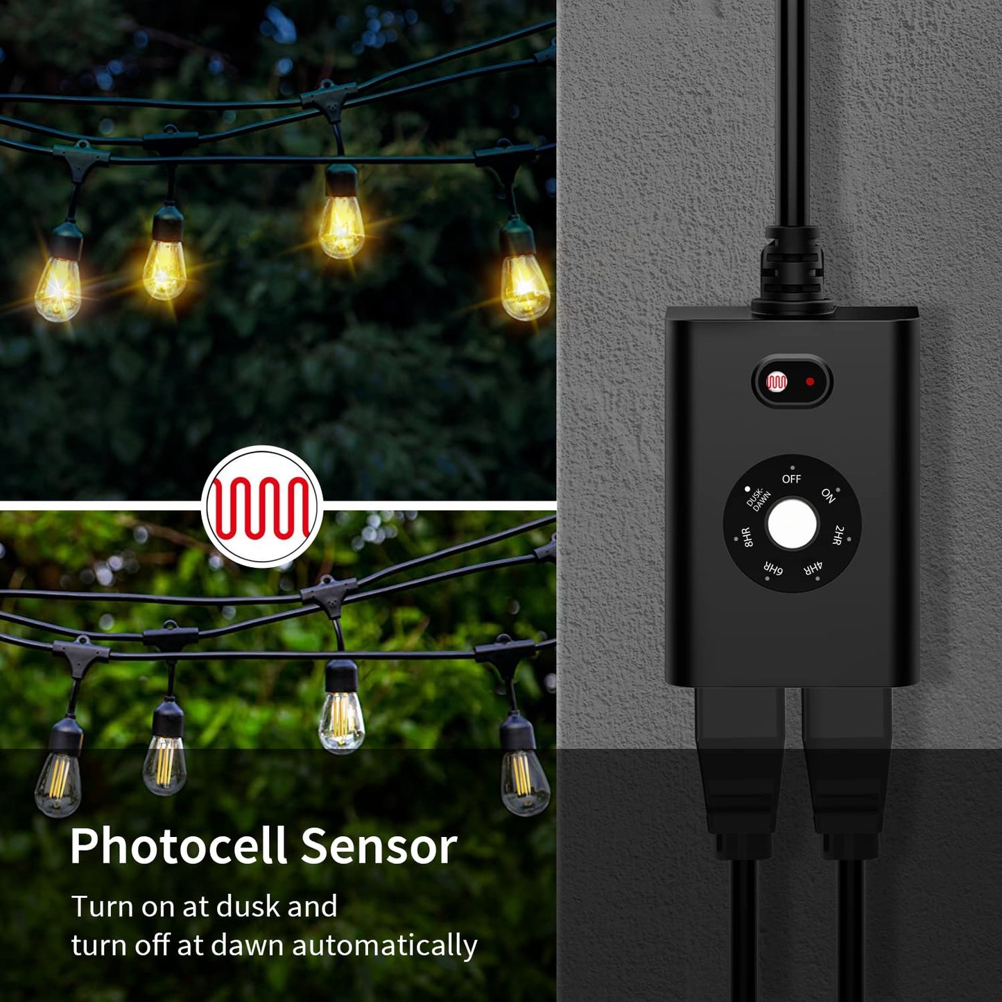 Minoston Outdoor Timer Outlet Waterproof with Remote, 2 Outlets Dusk to Dawn Plug, Light Sensor Countdown Timer 2 4 6 8 Hours 100Ft Remote Control Home Garden(MP42T)