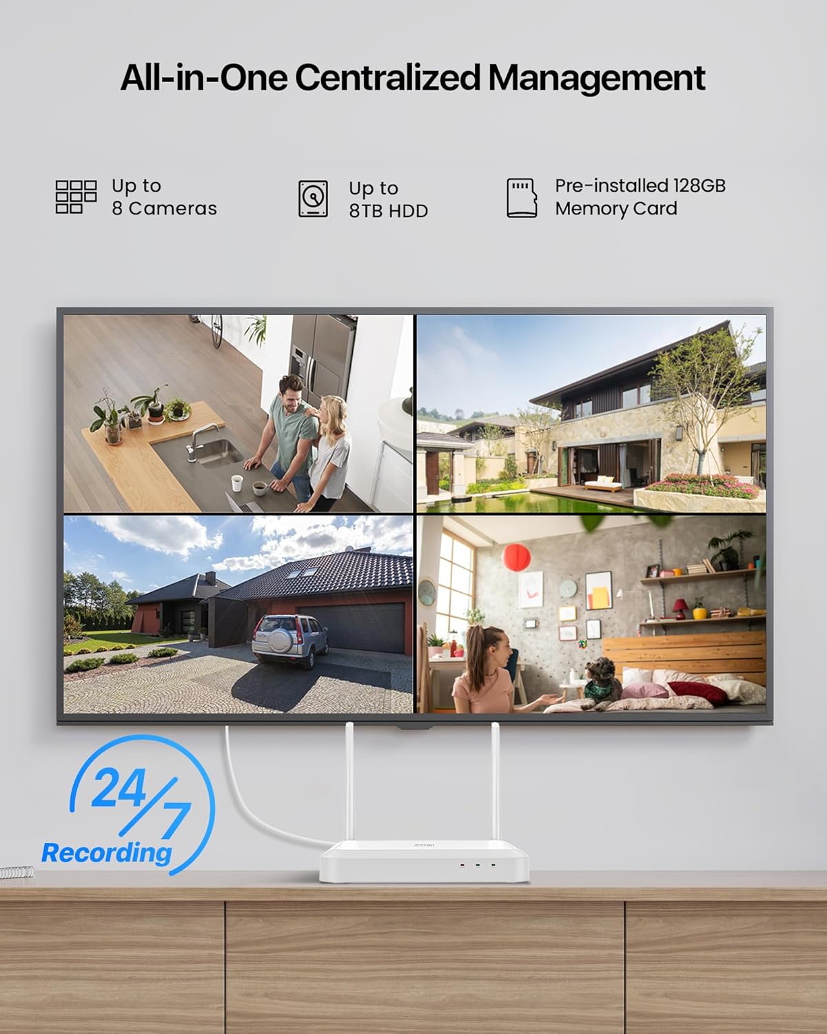ZOSI 8 Channel 3K Wi-Fi 6 Security Camera System with 128G Memory Card for 24/7 Record, 4 x 5MP Pan Tilt WiFi Camera with Auto Tracking, Color Night Vision, Plug-in, AI Person Detect, 2-Way Audio