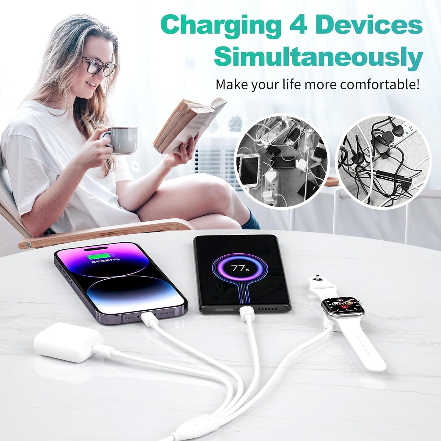 4 in 2 Apple Watch Charger, USB C Apple Watch Charger Cable for Apple Watch/iPhone, Watch Magnetic Charging Cord for iWatch Series SE/8/7/6/5/4/3/2 - Wireless Travel Watch Charger AirPods&iPad-6FT