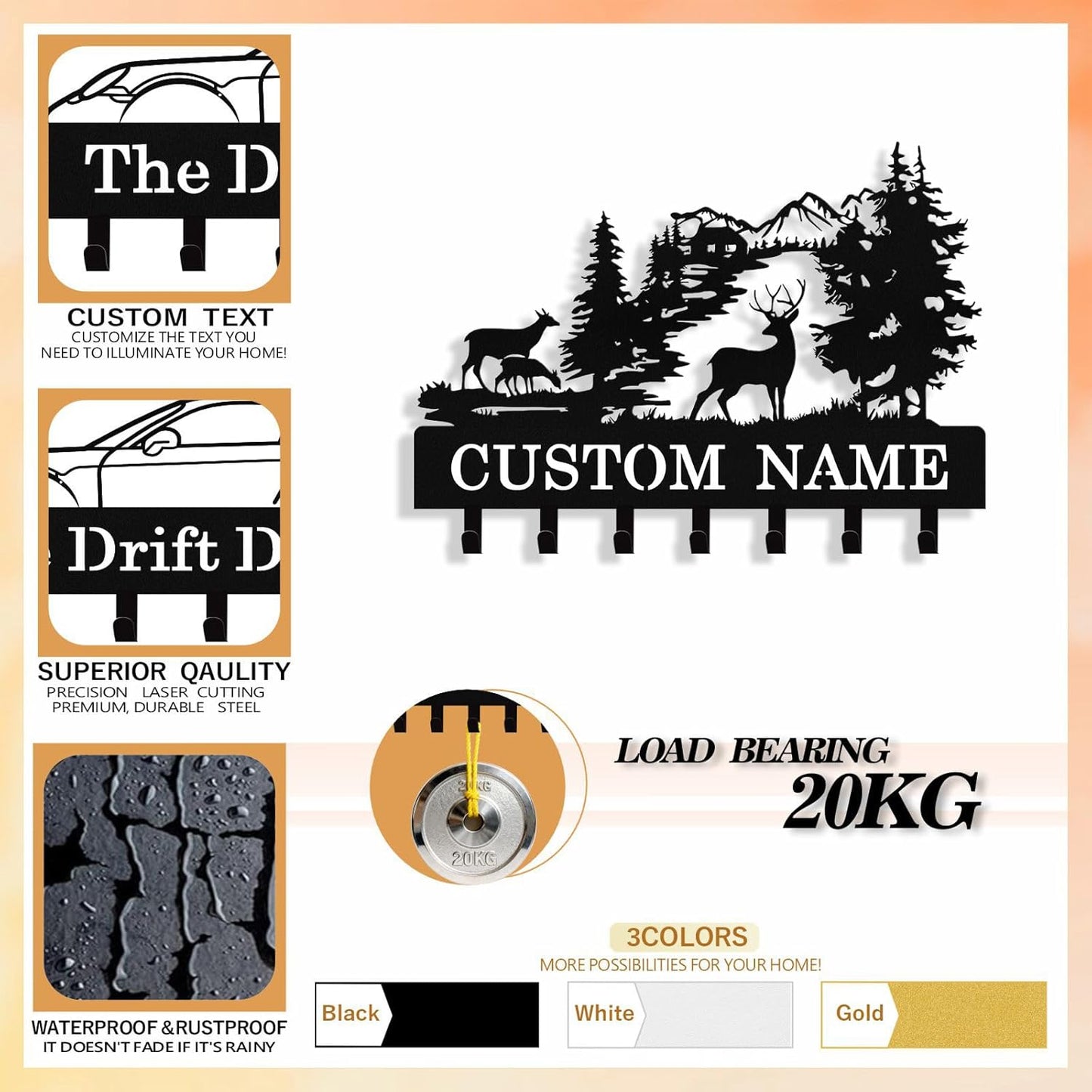 Personalized Deer Key Holder Wall Mount, Custom Metal Key Rack Key Holder with Name, Deer Cabin Wall Keys Hanger with Hooks for Entryway, Front Door, Hallway, Kitchen, Living Room