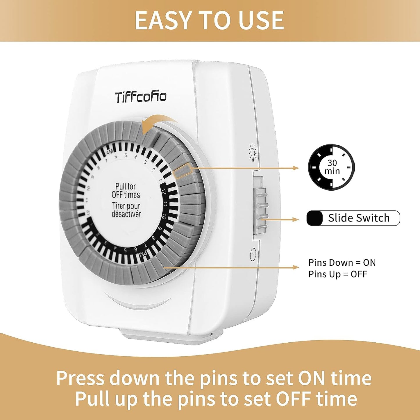 TiFFCOFiO Indoor Mechanical Timers for Electrical Outlets, 2 Prong Plug in Outlet Daily Repeating Light Timer for Indoor Lights, ETL Listed (2 Pack)