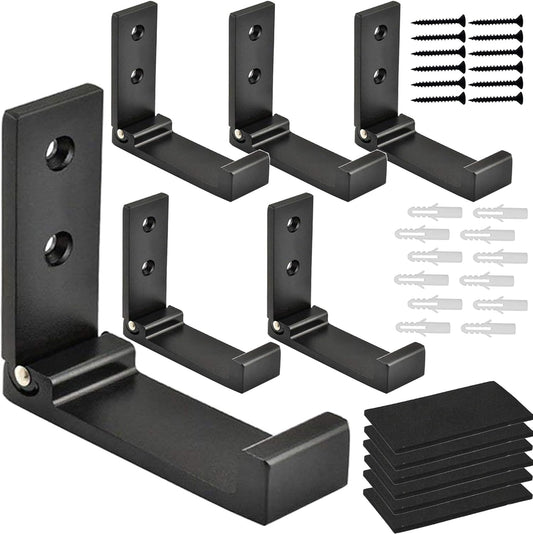 Folding Coat Hooks, Foldable Wall Hooks for Hanging Aluminum Alloy Cloth Hanger Coat Hanger Headphones Holder Headset Wall Hanger Hook- Pack of 6 (Black)