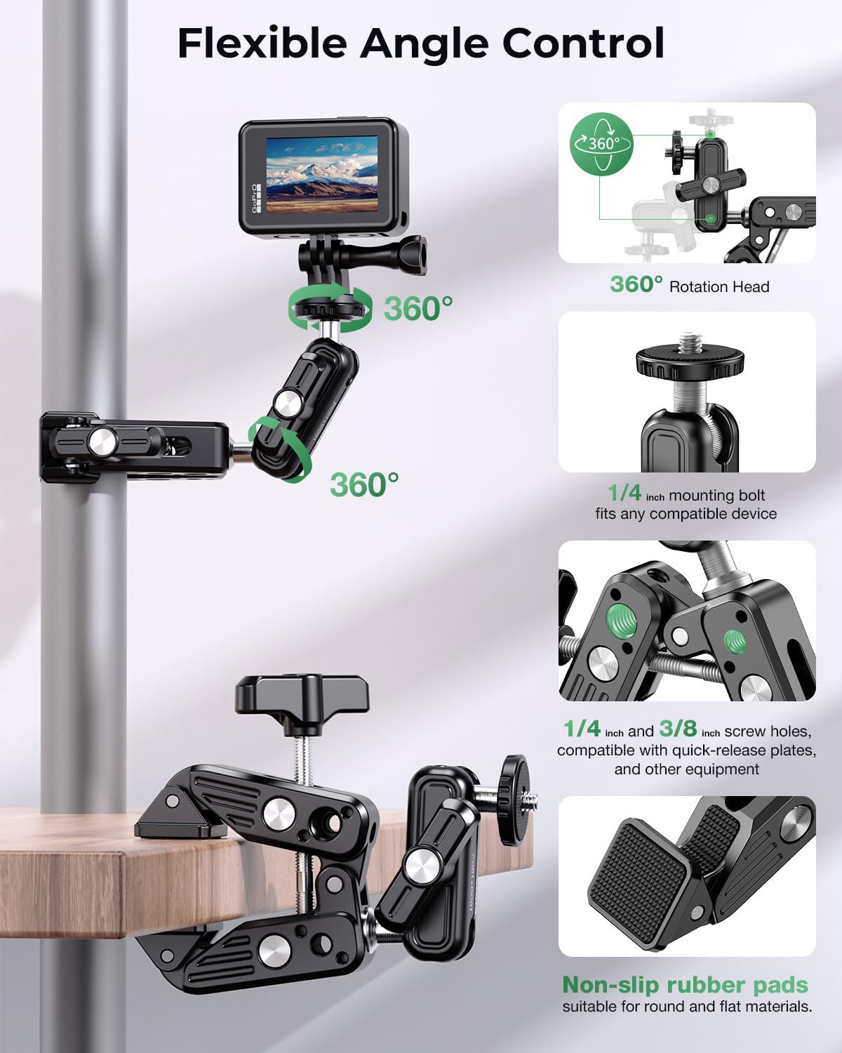 Super Clamp Camera Mount, 360° Dual Ballhead Magic Arm, 1/4"-20 & 3/8"-16 Threads, Super Clamp Kit for Phone/LED Lights/DSLR Camera/Gopro/Ronin-M/MOVI/Insta360/Tripod/Desk