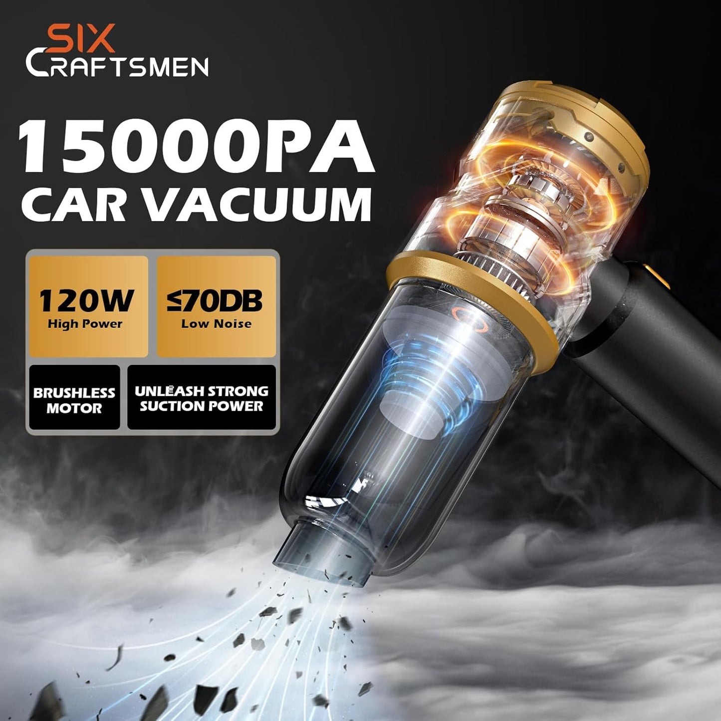 Handheld Car Vacuum with 15000PA Power, 4 in 1 Small Powerful Cordless Vacuum Cleaner & Air Duster with 2000mAh Battery, Rechargeable Portable Mini Hand Held Vacuum for Car, Home,Office,Pet Hair（Gold）