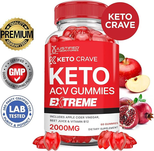 (2 Pack) Keto Crave Keto ACV Gummies Extreme 2000MG Keto Crave Keto Gummies Advanced Formula Apple Cider Vinegar with Pomegranate Beet Juice Powder B12 Vegan Non GMO 120 Gummys