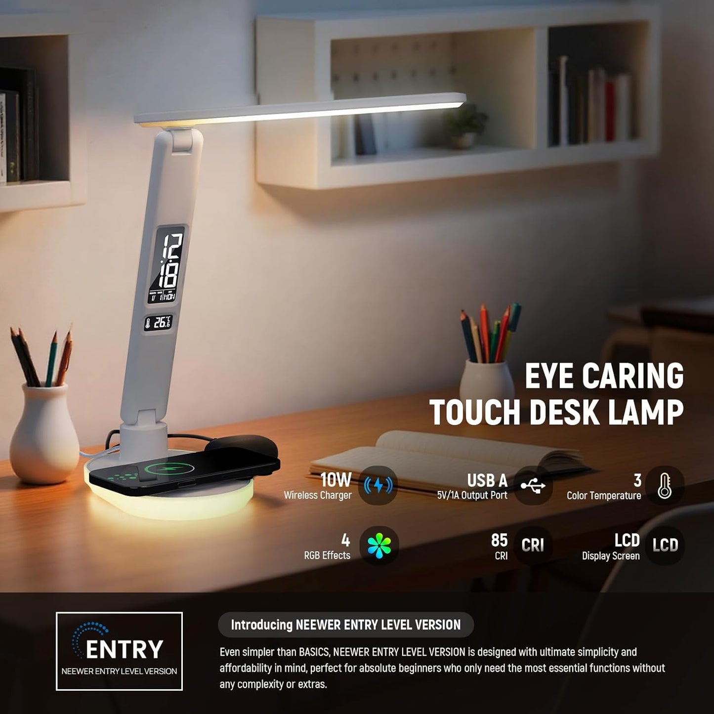 NEEWER Entry Level Version LED Desk Lamp with USB A Output, 3 Modes/5 Brightness Levels/4 RGB Effects/CRI85, LCD for Temp/Date/Time/Alarm, Eye Caring Touch Table Light for Home Office/Reading, N20