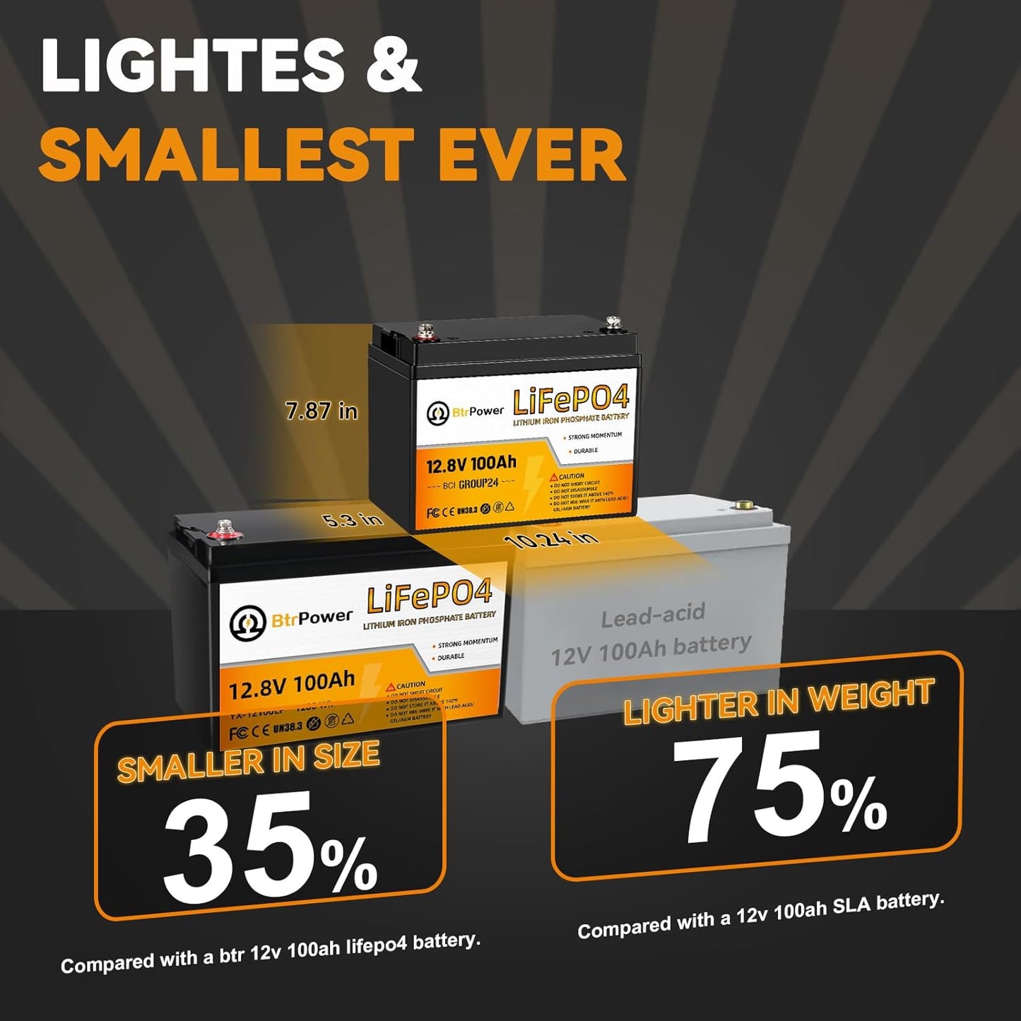 BtrPower 12V 100Ah Mini LiFePO4 Battery with Small Size and Light Weight, Built-in 100A BMS and Grade A Cells, Up to 15000 Cycles & 10-Year Lifespan for RV, Solar, Trolling Motor & Camping.