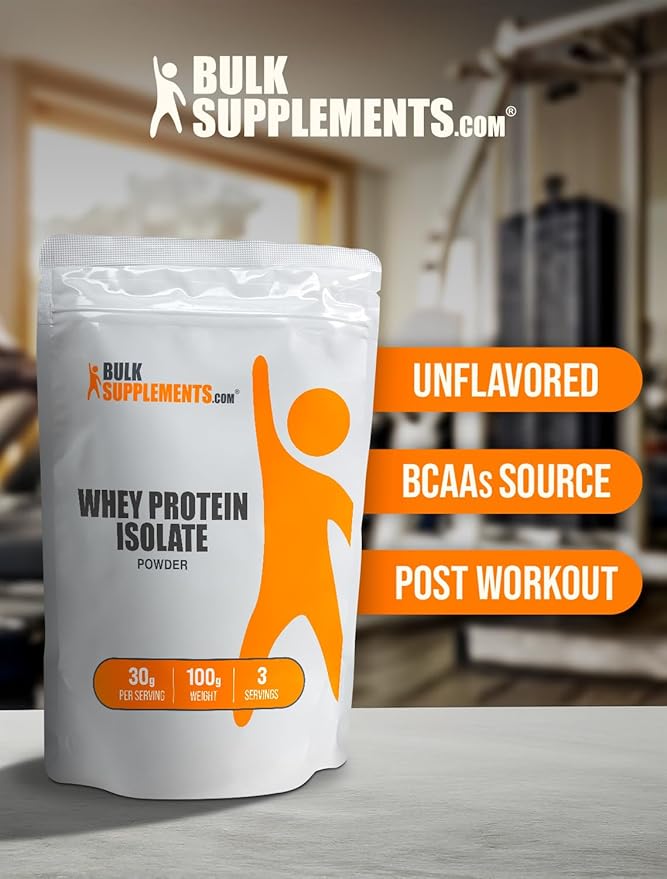 BulkSupplements.com Whey Protein Isolate Powder - Unflavored Protein Powder, Whey Isolate Protein Powder - Whey Protein Powder, Gluten Free, 30g per Serving, 100g (3.5 oz) (Pack of 1)