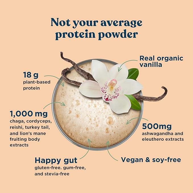 Four Sigmatic Organic Vegan Protein Powder | 18g Plant-Based Protein per Serving | Gluten Free, Dairy Free, Soy Free, Non-GMO with No Filler Ingredients | 21.16oz, 15 Servings | Sweet Vanilla