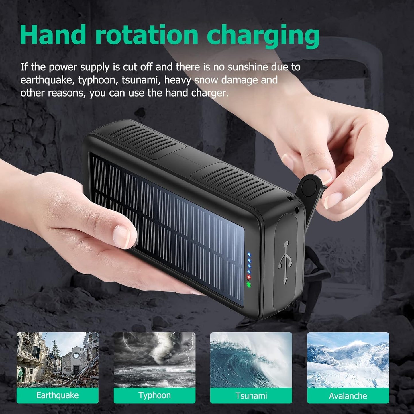Solar Charger Power Bank 63200mAh, Portable Charger with Dual Outputs & Dual Inputs 4 LEDs Flashlight, Hand Crank Power Bank Fast Charging Battery Pack for Outdoor Camping Survival Gear