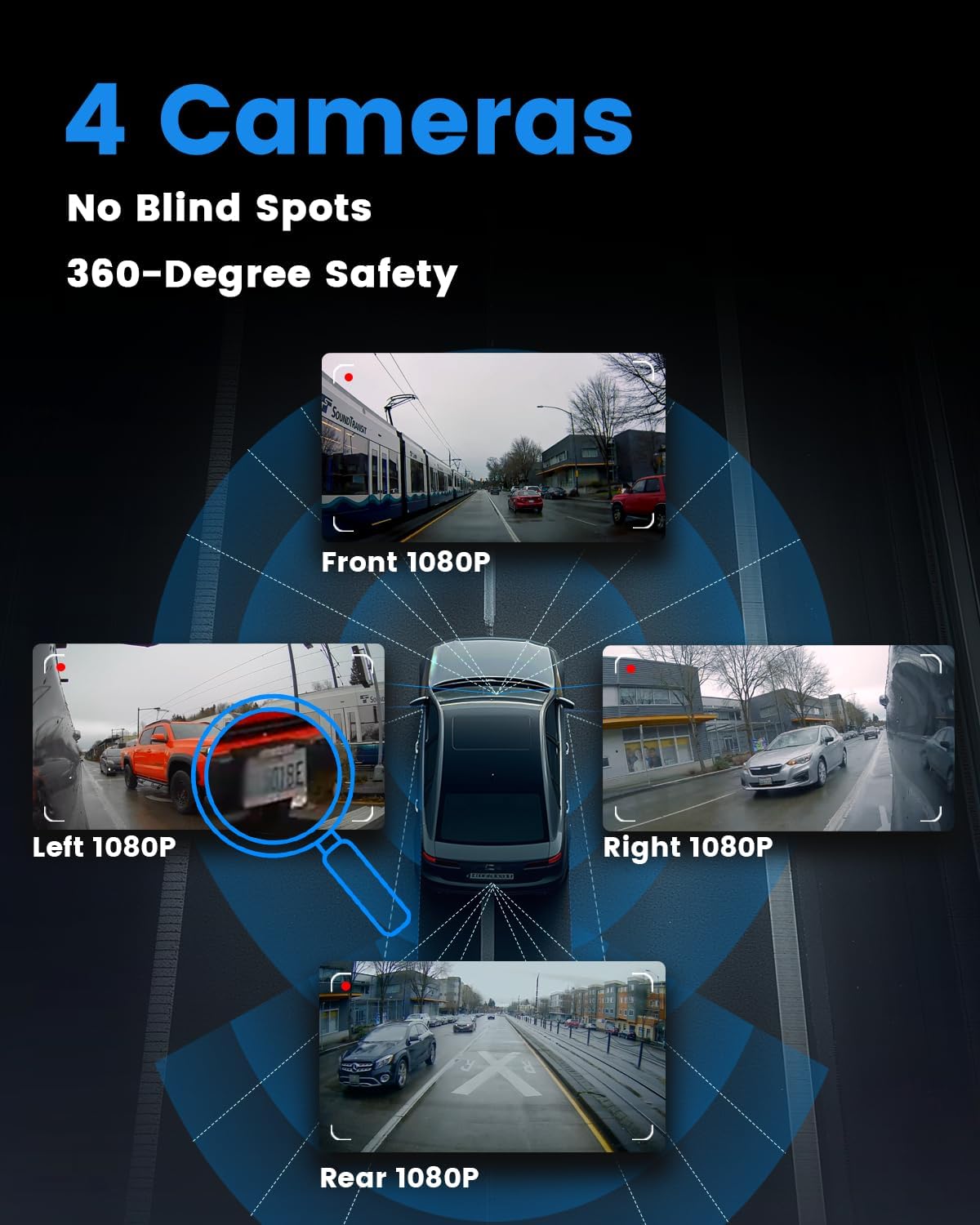 Sprleaf 4-Channel Dash Cam with Front and Rear Cameras, 360° Dashcam,128GB Card Included, 5G Wi-Fi and App Control, Night Vision, WDR, 24-Hour Parking Mode, Collision Detection