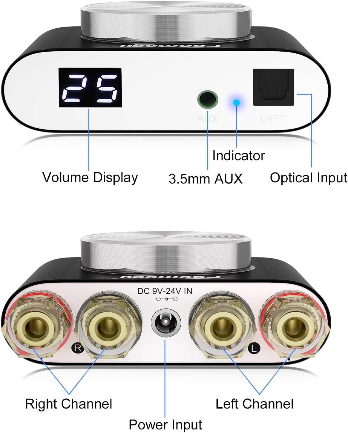 Facmogu M6 200W Mini Bluetooth 5.0 Audio Power Amplifier, 100Wx2 Dual Channel HiFi Stereo Mini Speaker AMP w/Optical/AUX/BT Input, Home Audio Wireless Amplifier Receiver with 24V Power Supply - Black