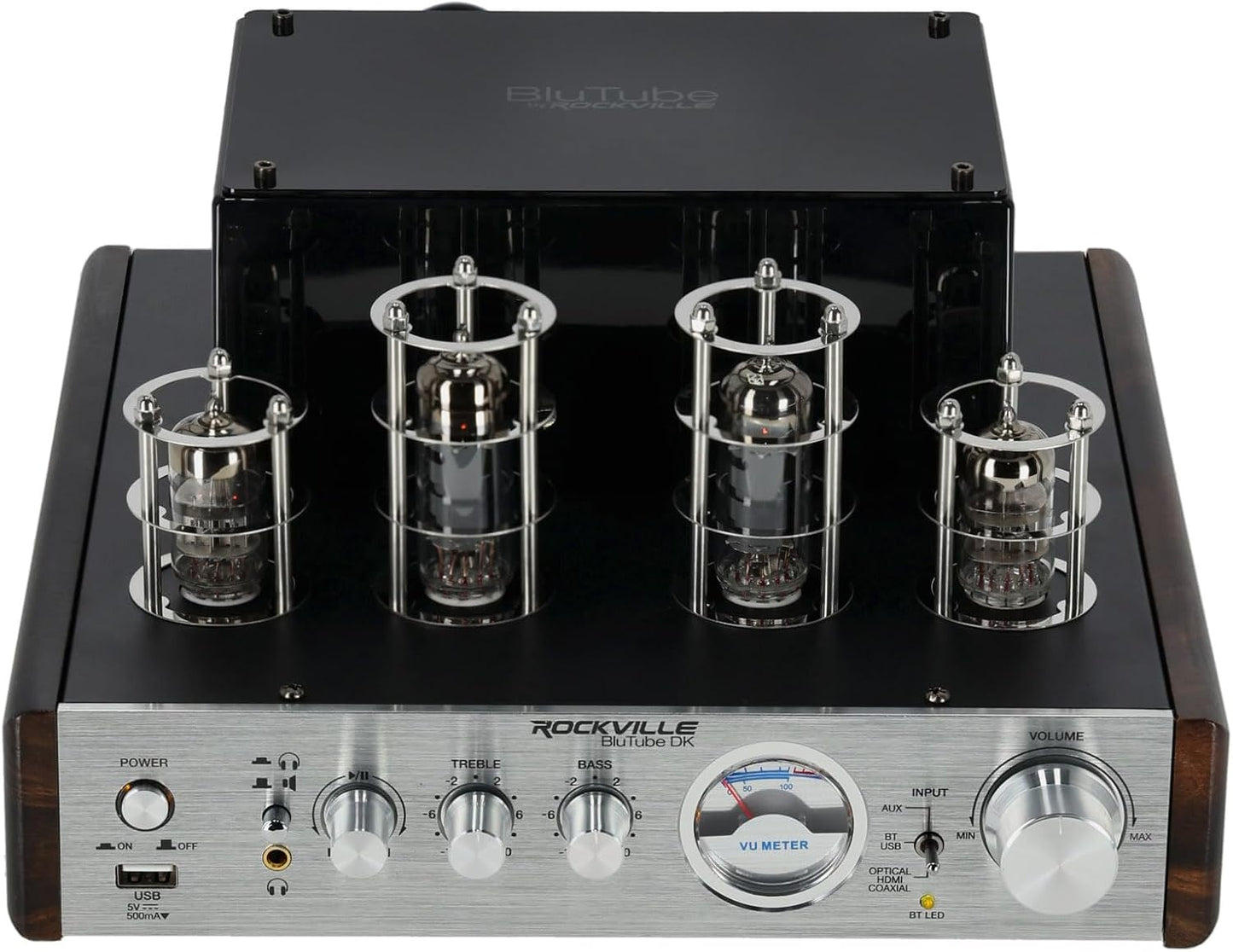Rockville BluTube DK Audiophile Tube Amplifier with Bluetooth, 35Wx2 RMS @ 4 Ohm, HDMI/Optical/Coaxial Inputs, Sub Output, USB, RCA, VU Meter, Headphone Out