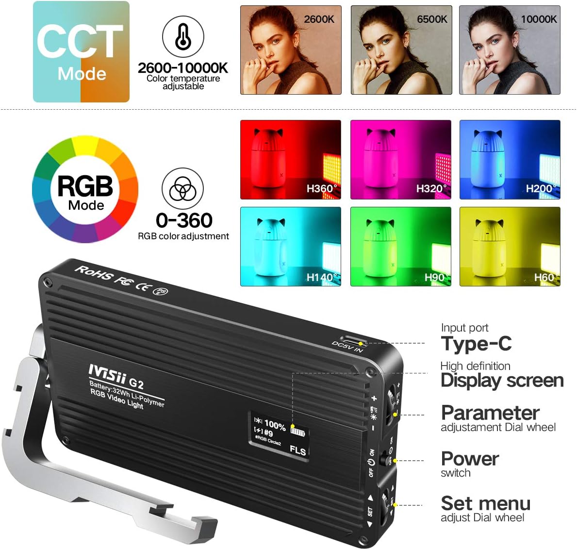G2 RGB Portable On Camera Light, Built-in 4300mAh Lithium Battery Video Conference Lighting, 2600-10000K 12W Full Color LED Light Panel for Photography, Studio, Wedding Shooting