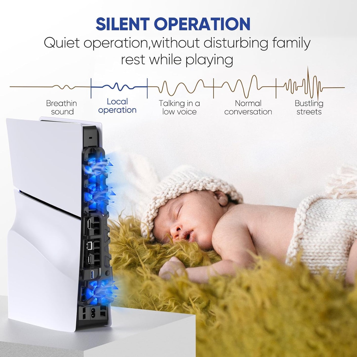 PS5 Slim Cooling Fan with LED Light, Adjustable Speed (3 Speeds Mode), USB 3.0 Port, Silent Enhanced Cooling Fan Compatible with PS5 Slim Disc & Digital -Black