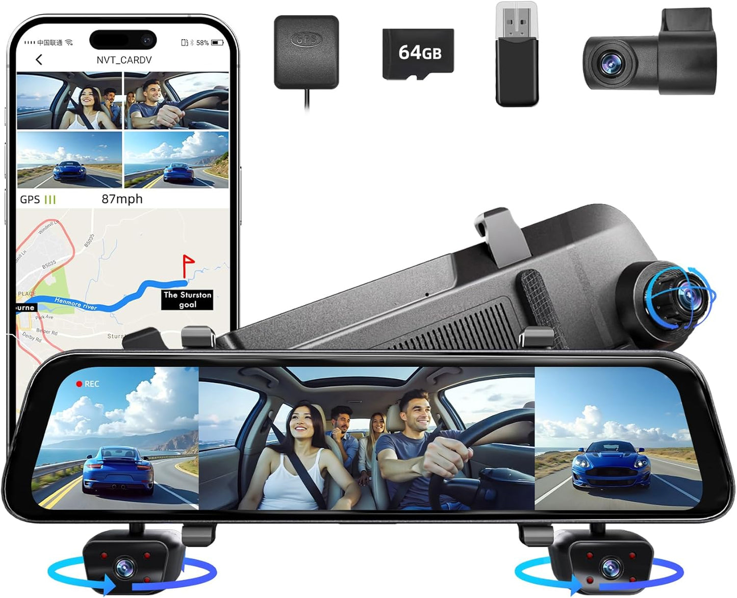 2025 Rear view Mirror Camera,4 Channel Mirror Dash Cam Front and Rear,24/7 Recording Rearview Mirror Backup Camera for Cars & Trucks,12" Touch Screen,Built-inWiFi,GPS,IR Night Vision,Free 64GB SD Card