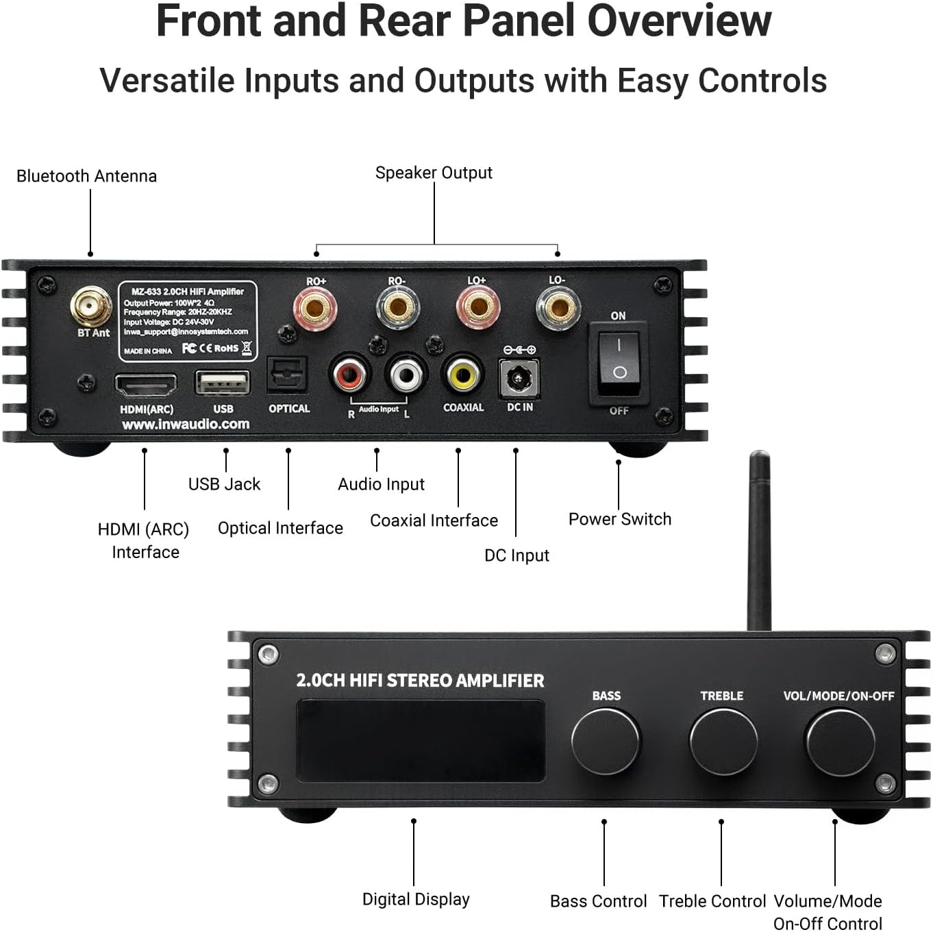 Inwa Bluetooth Audio Stereo Amplifier, 200W Dual Channel Mini Hi-Fi Stereo Receiver, 2.0CH Power Amp w/HDMI(ARC), Opt, Coax, USB, RCA for Home Speakers 100W x 2 with LED Display, Bass/Treble Control