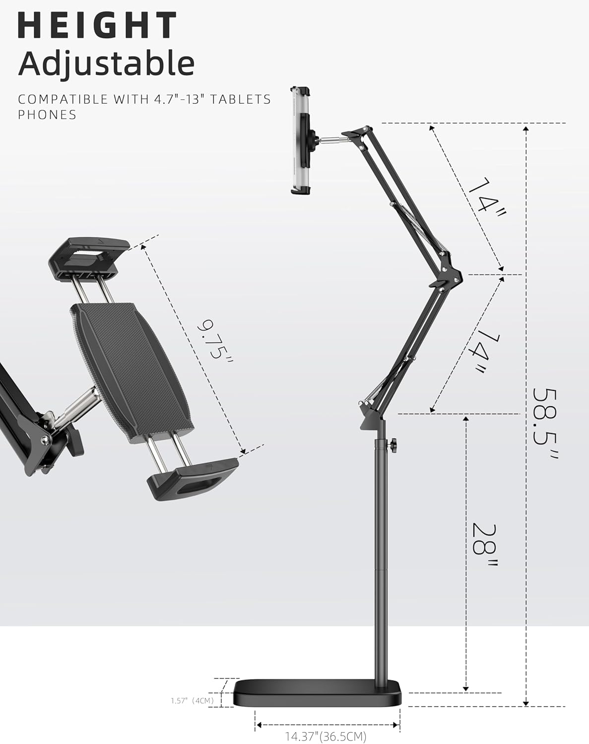 Tablet Floor Stand with 11lb Stable Base - Adjustable Height Stretchable Arm Swivel Holder Mount, Compatible with iPad Pro Air Mini 12.9/9.7, Kindle, Galaxy Tab, Cell Phones (4.7''-13'')