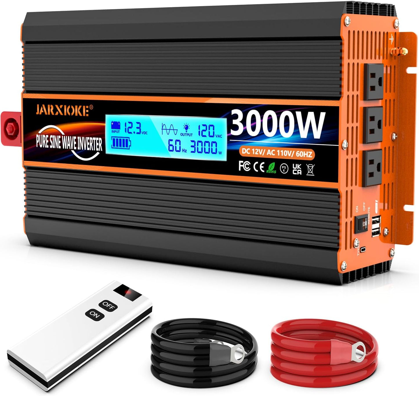 3000 Watt Pure Sine Wave Power Inverter 12V DC to 110V 120V Converter for Family RV Off Grid Solar System Car with Type-C Ports 4 AC Power Outlets Dual USB Ports LCD Display Wireless Remote Control