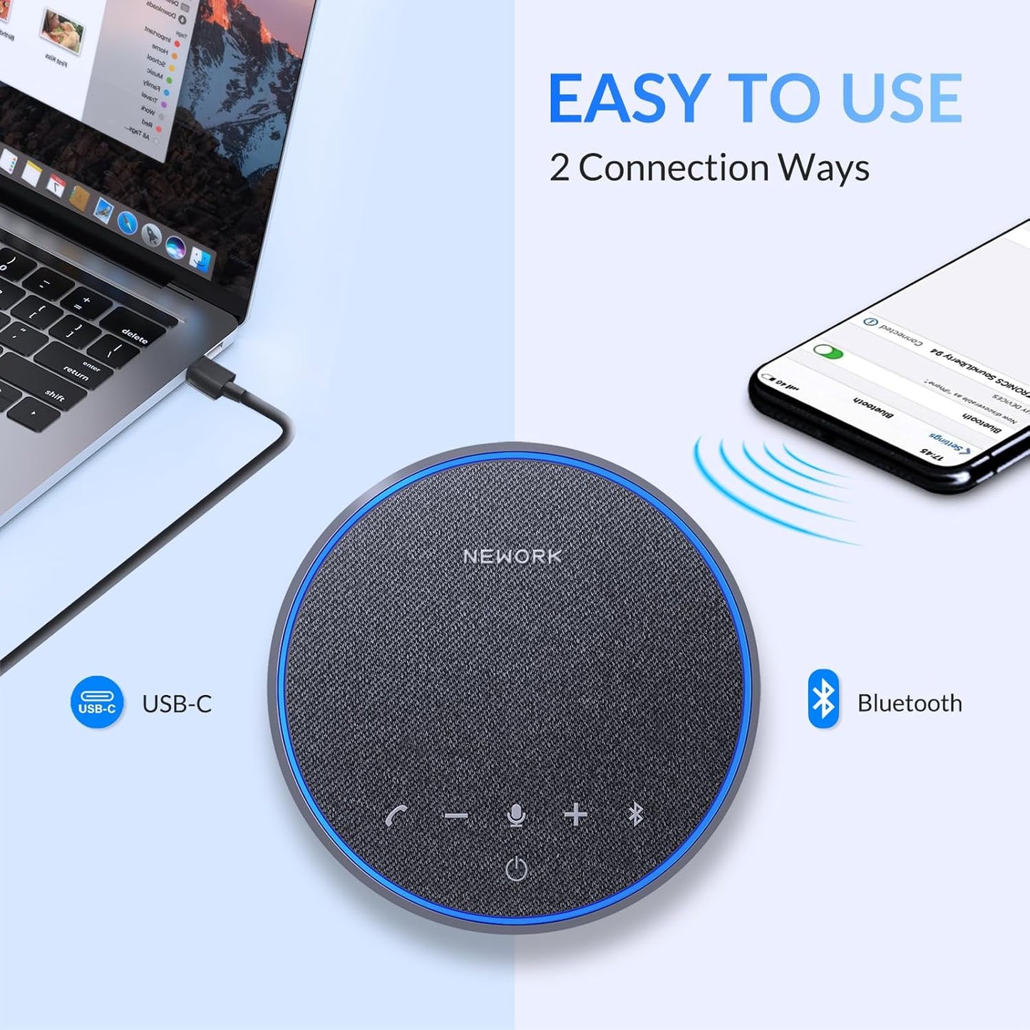 Bluetooth Conference Speakerphone with Microphone, 3 Mics with 360° Voice Pickup, 12H Call Time, Noise Reduction, USB-C Plug & Play, Portable Design, Compatible with Windows, iOS