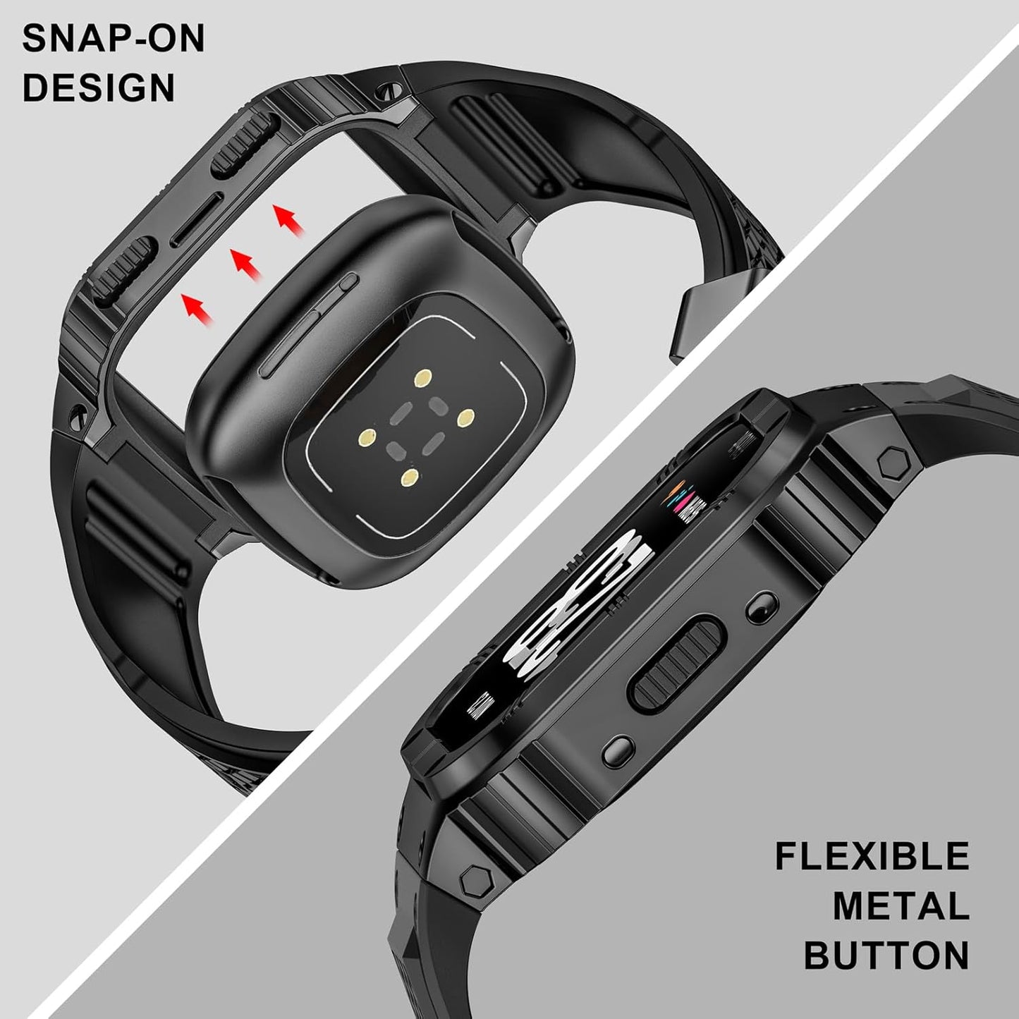 MioHHR Stainless Steel Case and Band Compatible with Fitbit Versa 4/3/2/Lite/Sense/Sense 2 Bands with Metal Case, Rugged Sports Protector Cover Silicone Wristbands for Men, Black