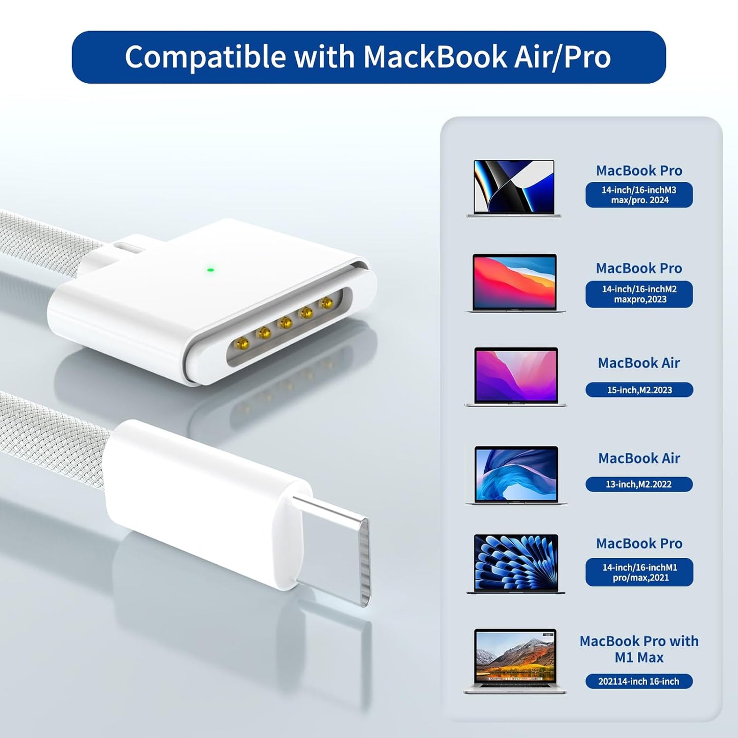 140W USB-C to Magnetic 3 Cable, Safe Charging Cable Compatible with MacBook Pro 2021 M1 Pro & Max 14" 16", MacBook Air 2022 M2, 2023 M2 Pro & Max 14" 16" - 6.6ft White