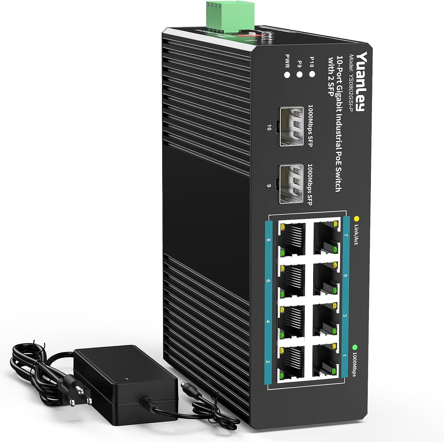 YuanLey 10 Port Industrial Switch with 8 Port PoE Gigabit & 2X SFP Port, Unmanaged PoE Switch with 120W Power Adapter, IEEE802.3af/at, VLAN & RSTP, Din-Rail PoE Switch for IP Camera, VoIP Phones,AP