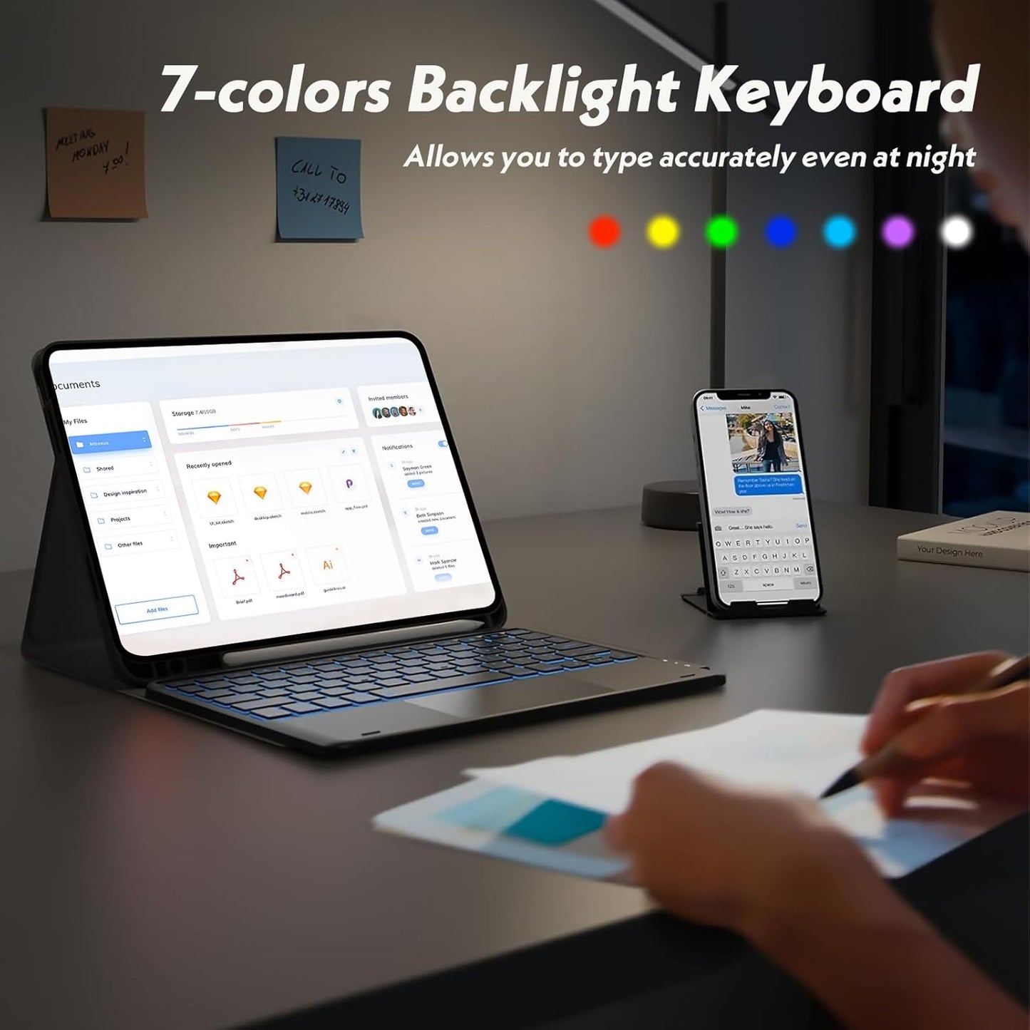 Keyboard Case for iPad Pro 12.9 Inch 2017/2015 (1st & 2nd Generation), 7 Color Backlit, Multi-Touch Trackpad, Detachable Wireless with Pencil Holder Stand Folio Keyboard Cover, Black