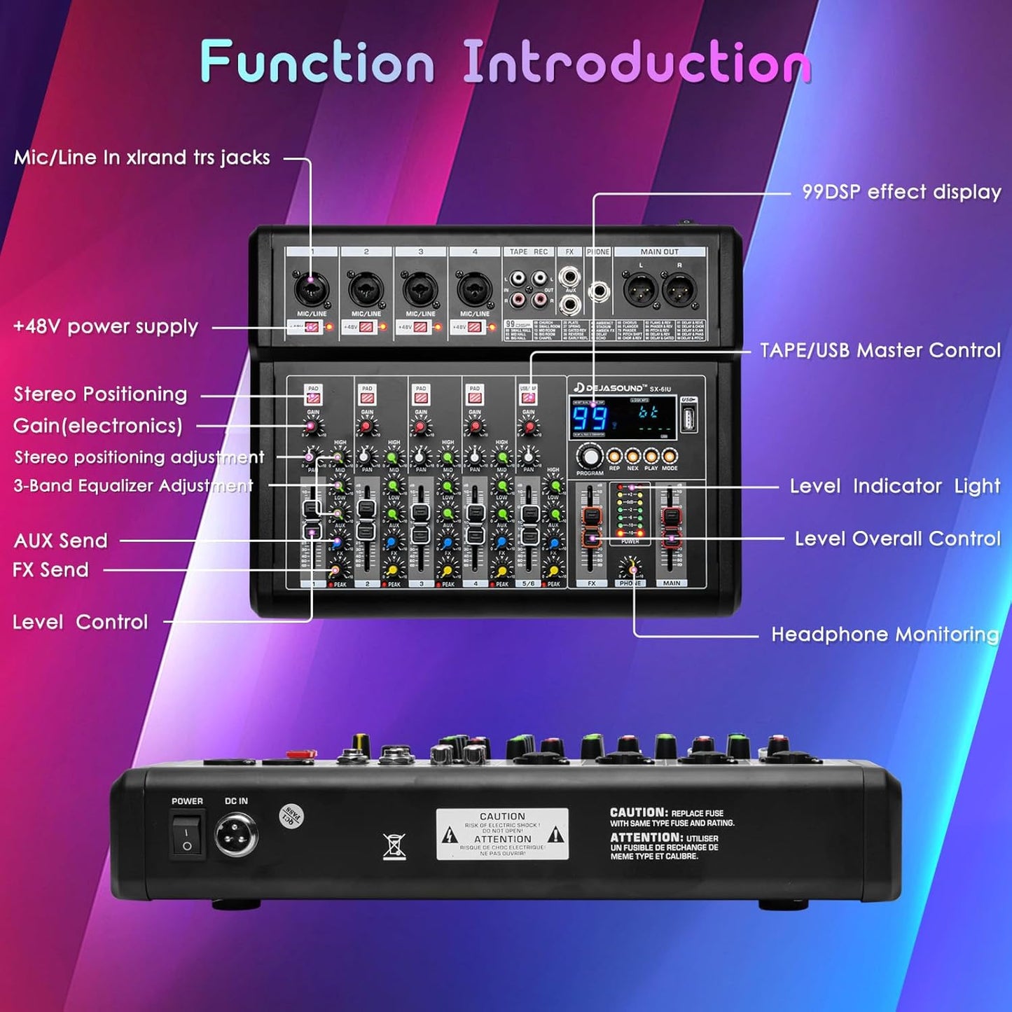 8-Channel Audio Mixer for PC,SX-8iu Mixing Console with XLR Inputs, Bluetooth, 99 Digital Signal Processor Effects, USB Interface, MP3 Compatible for Podcast, Music, Recording 9.84"x2.17"x15.35"inches