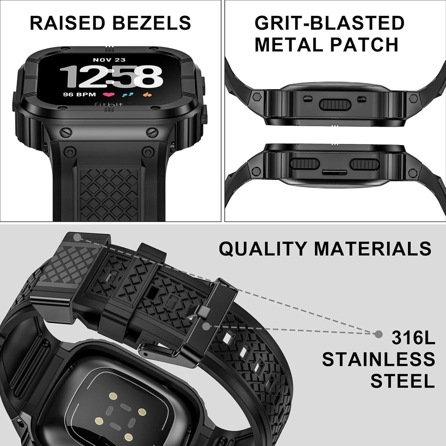 MioHHR Stainless Steel Case and Band Compatible with Fitbit Versa 4/3/2/Lite/Sense/Sense 2 Bands with Metal Case, Rugged Sports Protector Cover Silicone Wristbands for Men, Black