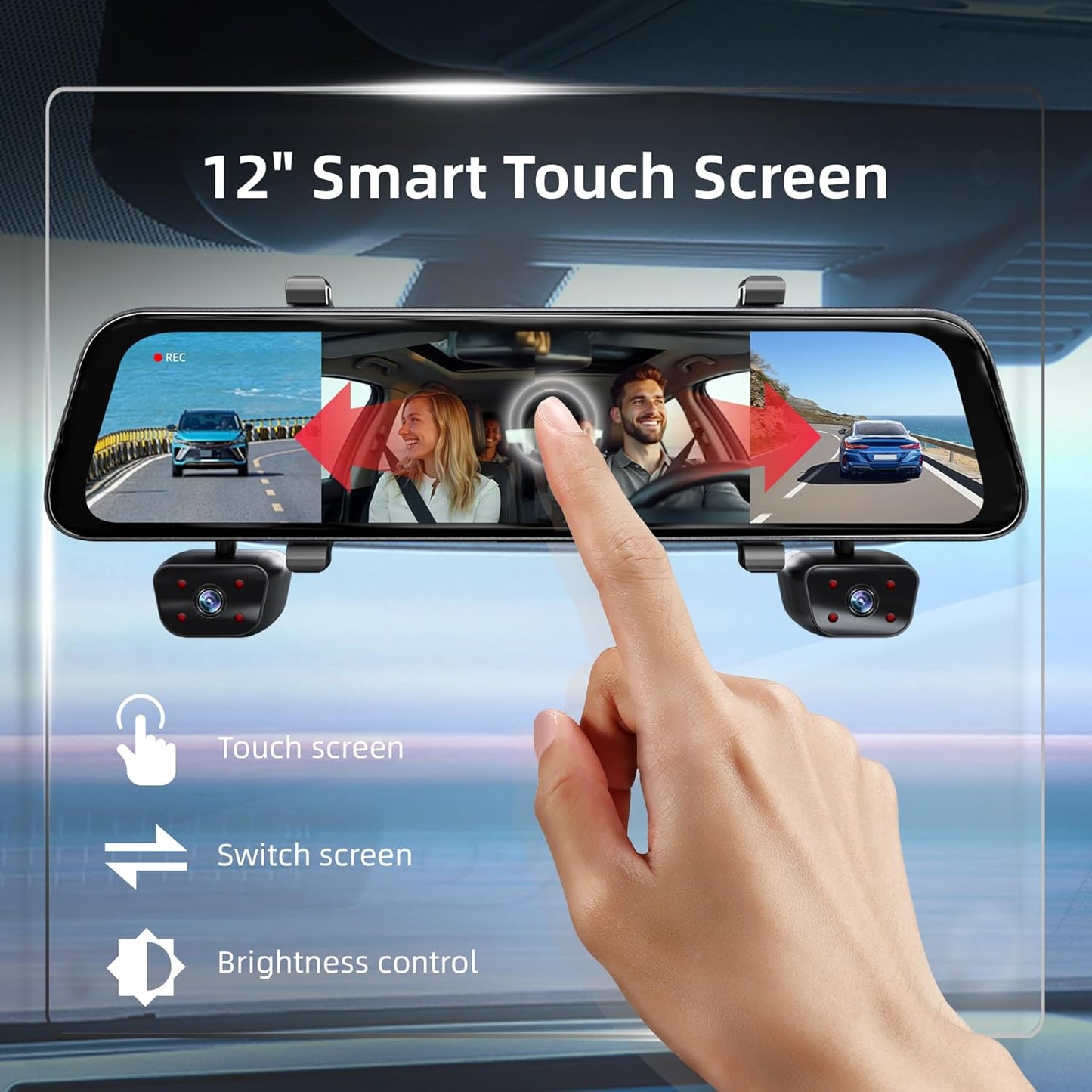 2025 Rear View Mirror Camera, 4 Channel Mirror Dash Cam Front and Rear Inside, 12" Touch Screen 360° Dash Camera for Cars, Wi-Fi, APP, GPS, IR Night Vision Backup Camera, Free 128GB SD Card