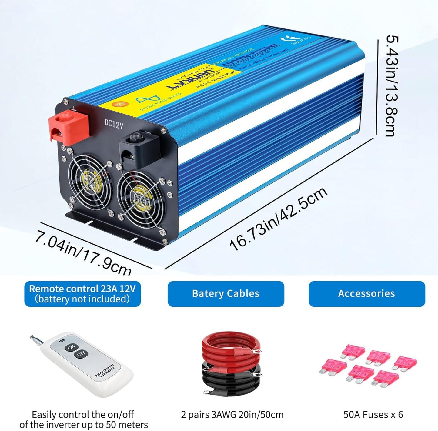 Yinleader 4000W Pure Sine Wave Power Inverter 12V DC to AC 110V-120V Converter for Family Vehicle RV Truck Solar System/Road Trip/Camp/Emergency w/4 AC Charger Outlets LED Display Remote Controller