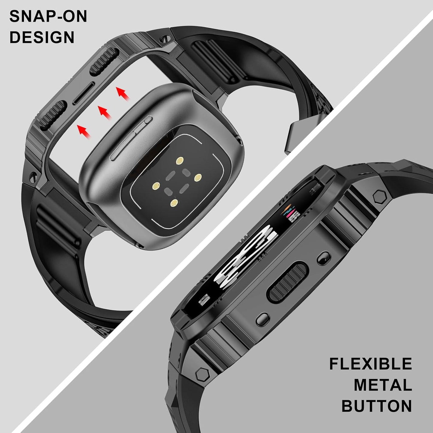 MioHHR Stainless Steel Case and Band Compatible with Fitbit Versa 4/3/2/Lite/Sense/Sense 2 Bands with Metal Case, Rugged Sports Protector Cover Silicone Wristbands for Men, Grey