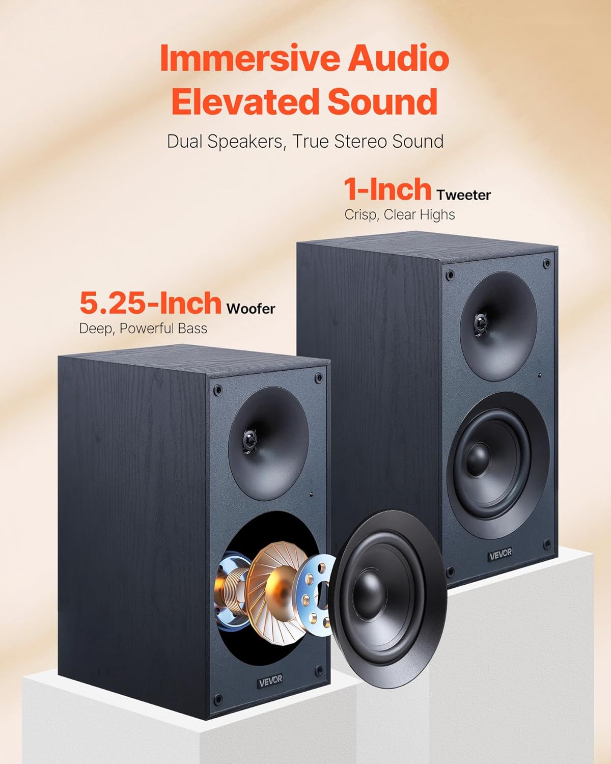 VEVOR Powered Bookshelf Speakers, 25W x 2, Active Studio Monitor Speaker with 5.25 Inch Woofer, Bluetooth/RCA/Coaxial/Optical/USB/Subwoofer Connection, Wooden Enclosure, for Record Player Turntable PC