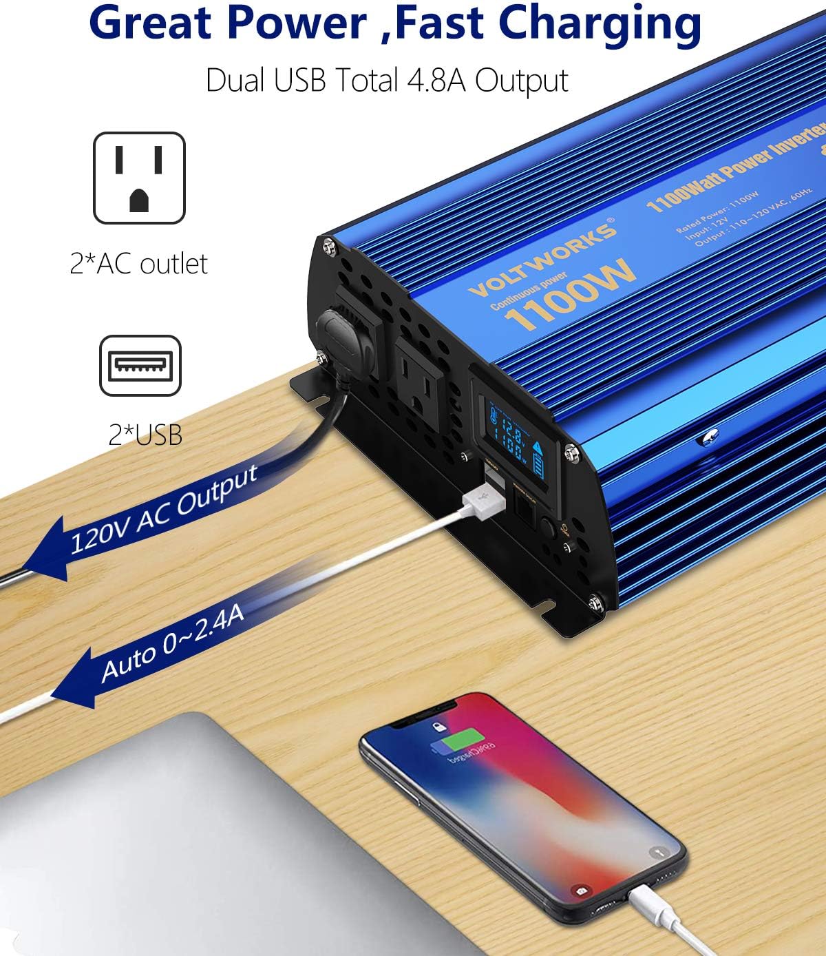 Power Inverter 1100 watt 12V DC to 110V 120V AC 1000w Inverter with LCD Display Remote Control 2AC Outlets Dual 2.4A USB Ports Compatible with Lithium Battery for Car RV Truck Boat by VOLTWORKS