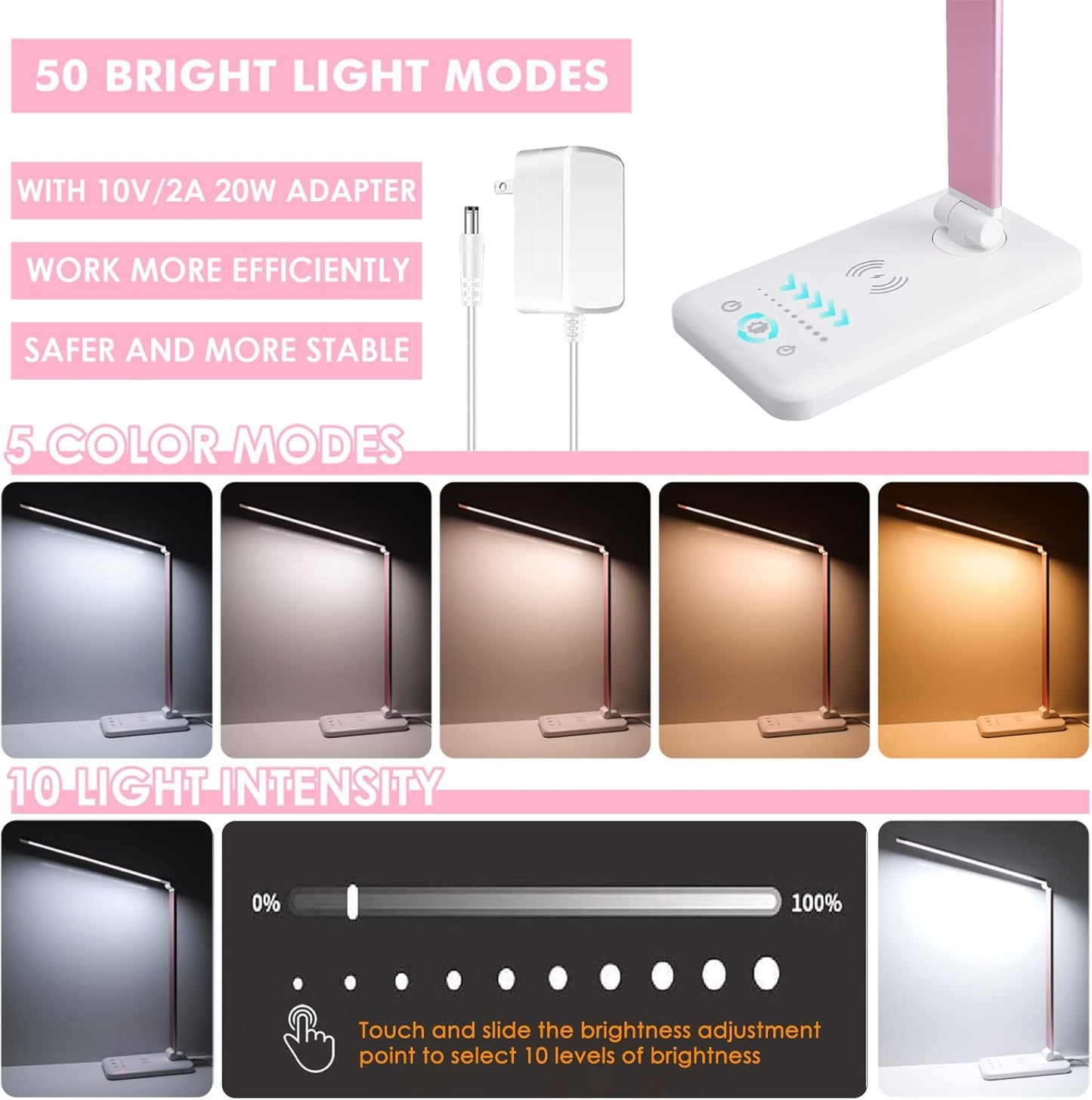 LED Desk Lamp with Wireless Charger, USB Charging Port, Desk Lighting with 10 Brightness, 5 Color Modes, Dimmable Eye Caring Reading Desk Lamps for Home Office, Touch Control, Auto Timer, Pink