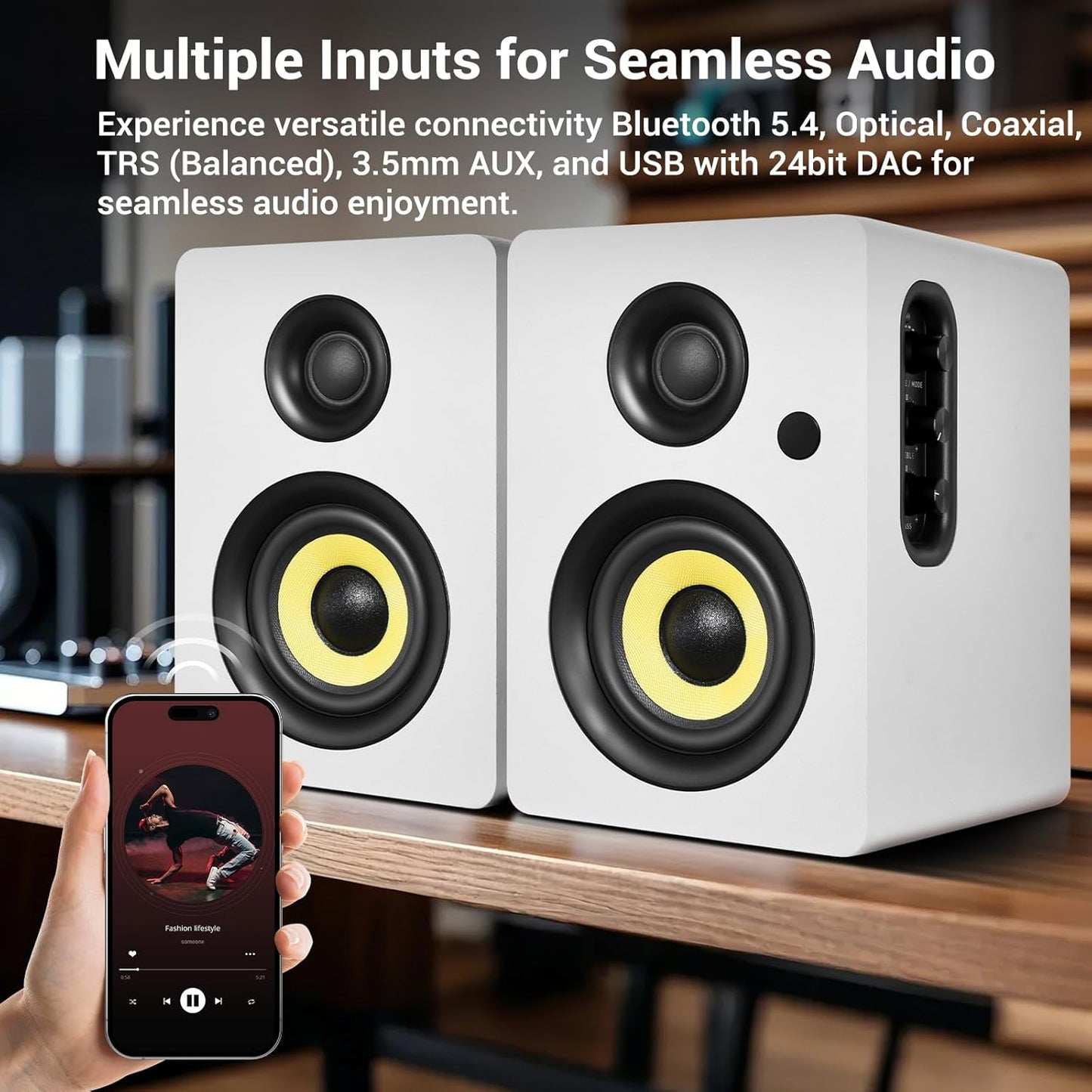 SW206 4” HiFi Bookshelf Speakers with Studio Mode, 80W Active, Bluetooth 5.4/Optical/Coaxial/TRS/Aux/24bit DAC USB, for Turntable TV PC Desktop, MDF Cabinet, Remote Control, White