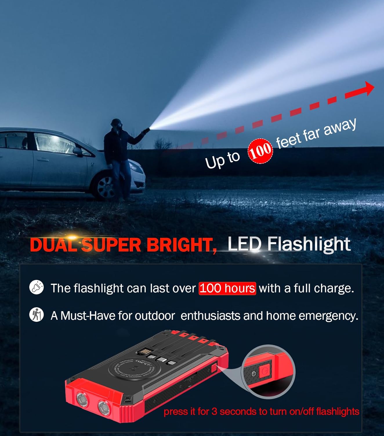 GOODaaa Power Bank Wireless Charger 36000mAh Built in 4 Cables Six Outputs 15W Fast Charging Power Bank for All Mobile Devices Three Inputs Solar Portable Charger with Dual Flashlights, Carabiner