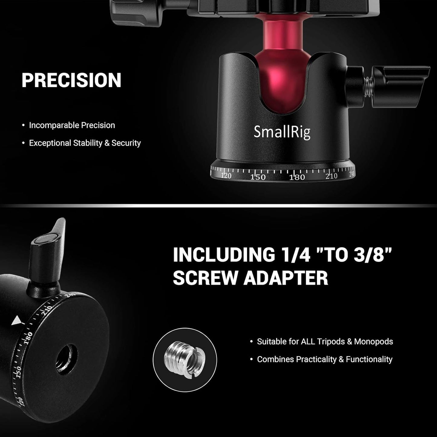 SmallRig Mini Ball Head, Tripod Head Camera 360° Panoramic with 1/4" Screw 3/8" Thread Mount and Quick Release Plate Metal Ball Joint for Monopod, DSLR, Phone, Gopro, Max Load 4.4lbs/2kg - BUT2665