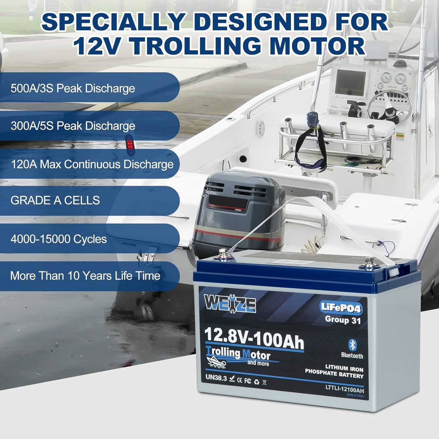 Weize 12V 100Ah TM Bluetooth LiFePO4 Lithium Battery, Built-in 120A BMS, Low-Temp Protection Group 31 Deep Cycle 500A/3S Peak Discharge Battery for Trolling Motor, Marine, Boat, RV, Solar
