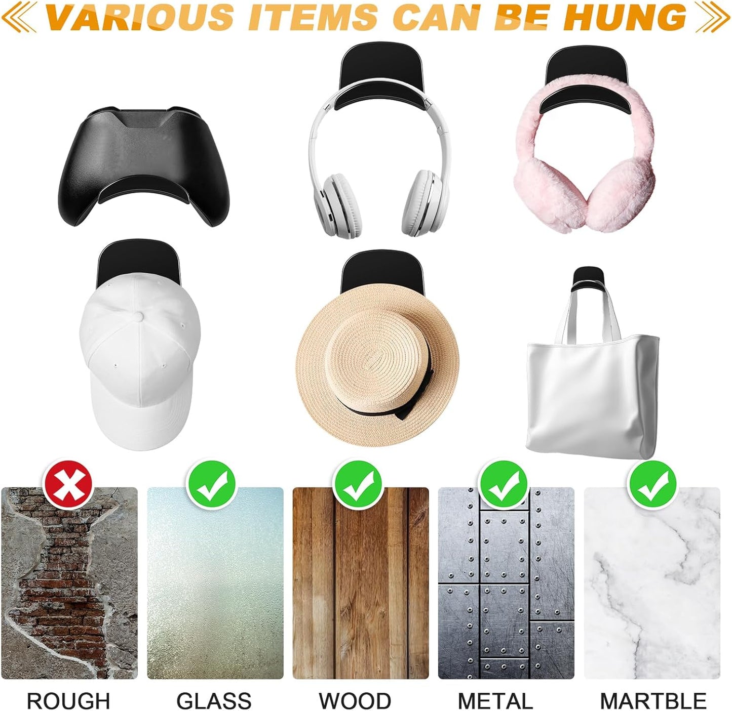 30 Pcs Headset Wall Holder Adhesive Gaming Headset Holder Hooks for Wall Mounting Strong Universal Hooks for Headsets, Game Pads, Hats, Closets, Doors (Black)