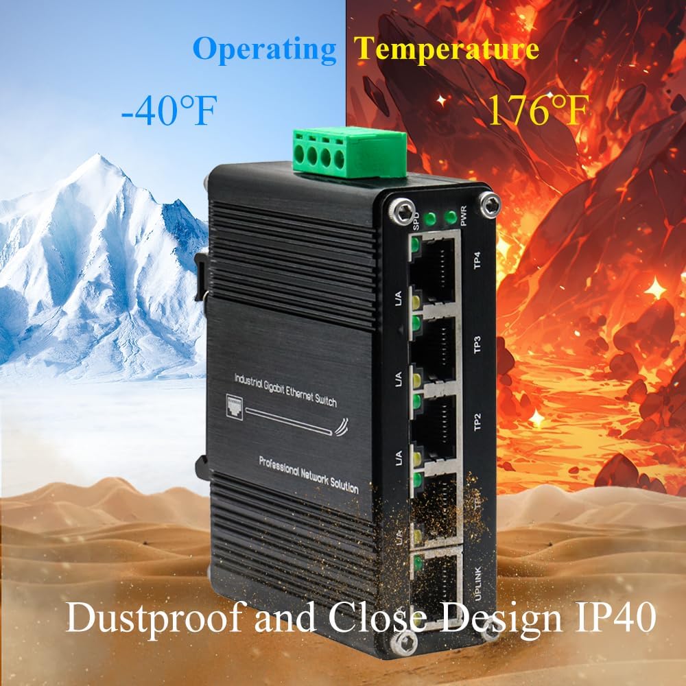 Mini 5-Port Gigabit Ethernet Switch -Industrial Grade Unmanaged Network Switch with 12-48VDC Power Input，Din-Rail or Wall Mount,Plug and Play (-40°F to 176°F) ,Fast Connection,Rugged Metal Case