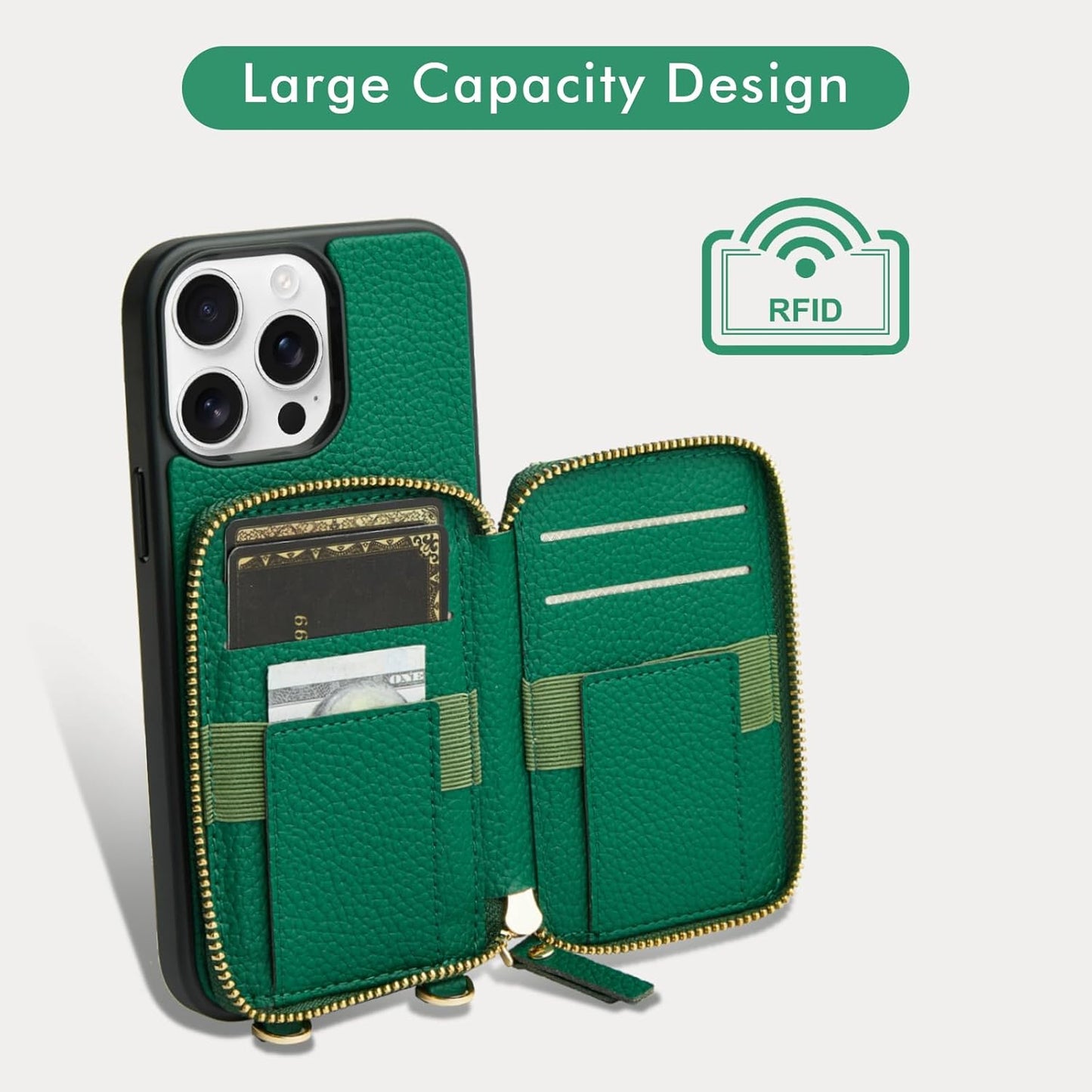 LAMEEKU for iPhone 15 Pro Max Wallet Case, Zipper Leather Card Slots Crossbody Case with Phone Grip Holder Stand Wrist Strap Lanyard for Women for iPhone 15 Pro Max 6.7 inch Dark Green